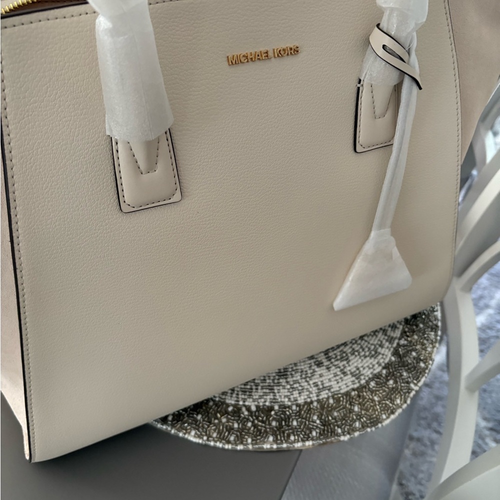 Michael Kors Cream Structured Tote with Winged Silhouette